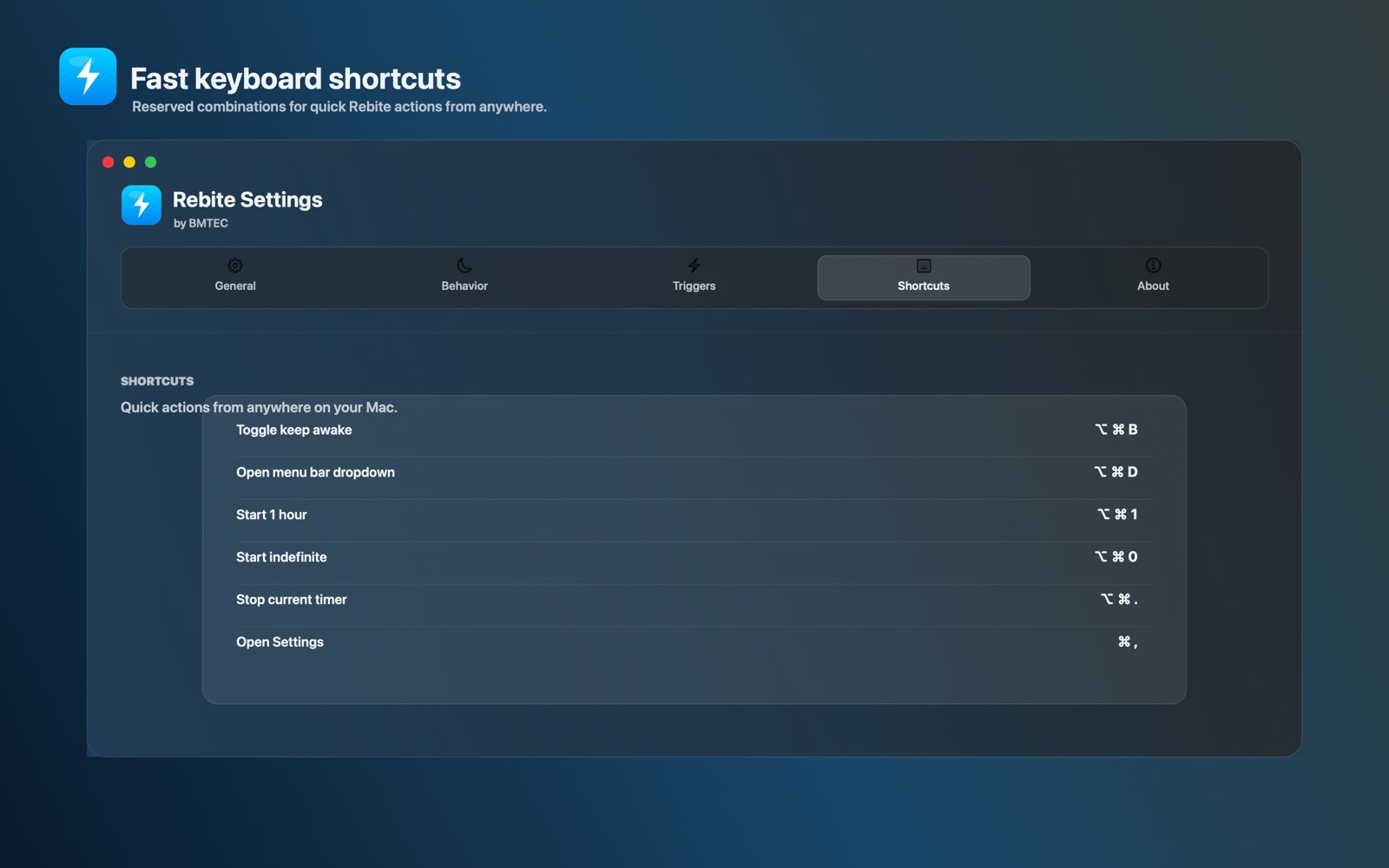 Keyboard shortcuts in Rebite settings